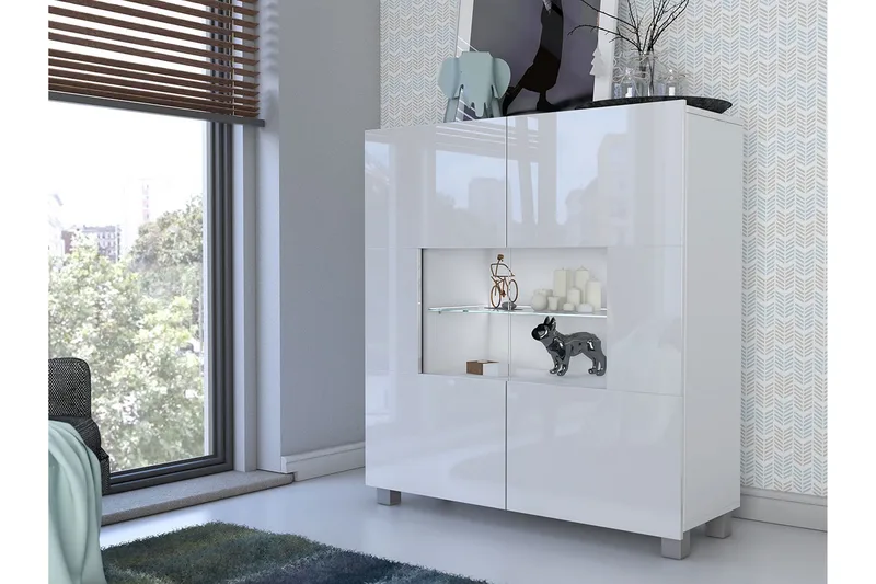 Frick Vitrinskåp Blå LED Belysning 35 cm djup 100 cm bred 107 cm hög Ljust Trä Glas - Vit/Blå LED - Förvaring - Skåp - Vitrinskåp