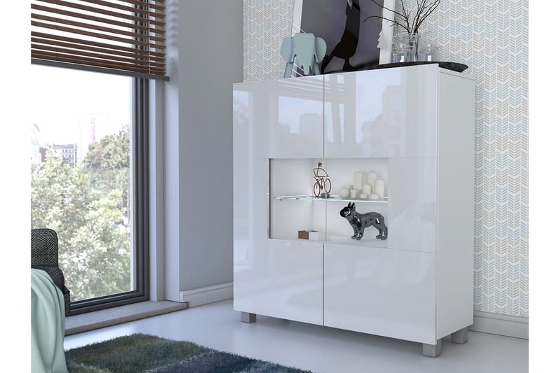 Frick Vitrinskåp Blå LED Belysning 35 cm djup 100 cm bred 107 cm hög Ljust Trä Glas - Vit/Blå LED - Förvaring - Skåp - Vitrinskåp