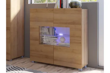 Frick Vitrinskåp Vit LED Belysning 35 cm djup 100 cm bred 107 cm hög Ljust Trä Ek Glas - Gyllene Ek/Vit Led-Belysning - Förvaring - Skåp - Vitrinskåp
