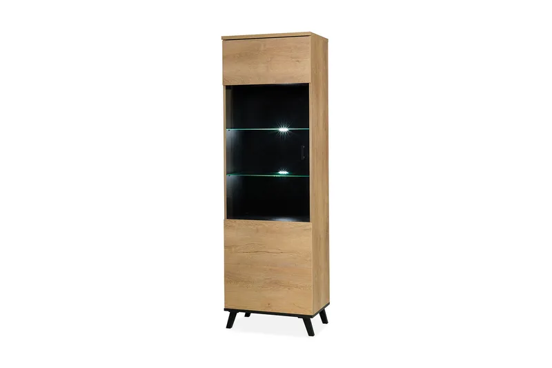 Vitrinskåp Lewa LED Belysning 40 cm djup 61 cm bred 191 cm hög Trä Glas, Ek/Svart