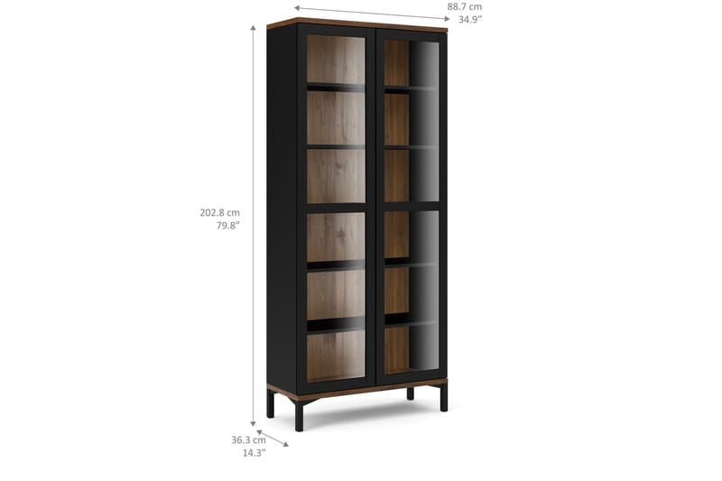 Roomers Vitrinskåp med 2 Dörrar - Svart/Valnöt - Förvaring - Skåp - Vitrinskåp