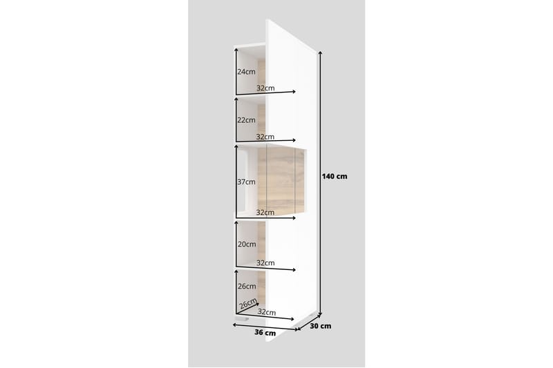 Speno Smalt Vägghängt alt Fristående Vitrinskåp 30 cm djup 36 cm bred 140 cm hög Ljust Trä - Vit - Förvaring - Skåp - Vitrinskåp