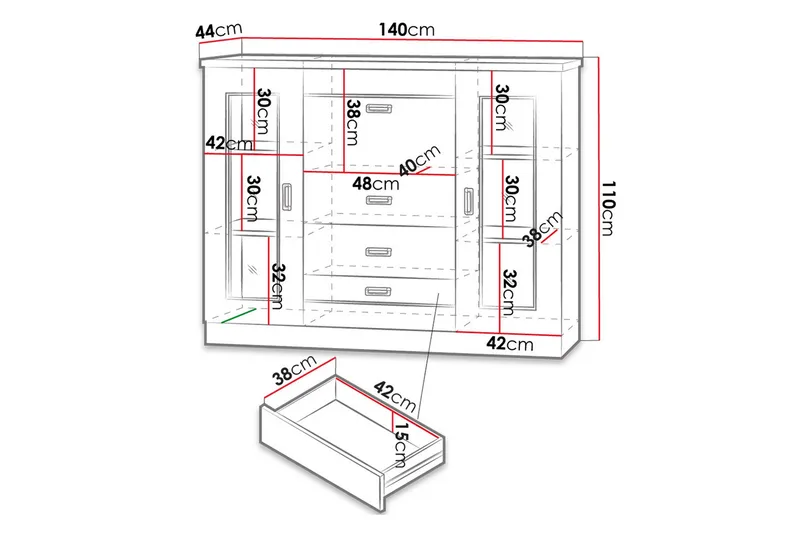 Tadeusz Lågt Vitrinskåp 44 cm djup 140 cm bred 110 cm hög Trä - Brun - Förvaring - Skåp - Vitrinskåp