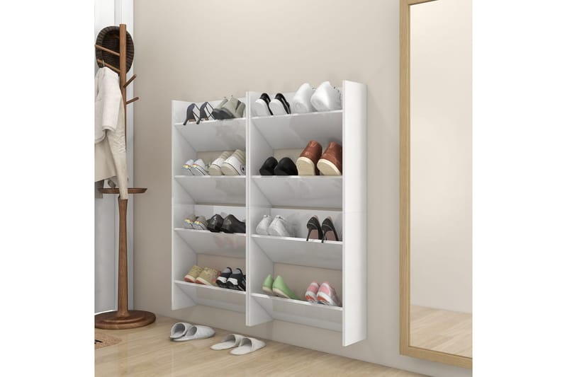 Väggmonterat skoställ 4 st vit högglans 60x18x60 cm spånskiv - Vit högglans - Hallförvaring - Skohylla & skoställ