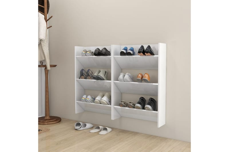 Väggmonterat skoställ 2 st vit högglans 60x18x90 cm spånskiv - Vit högglans - Hallförvaring - Skohylla & skoställ