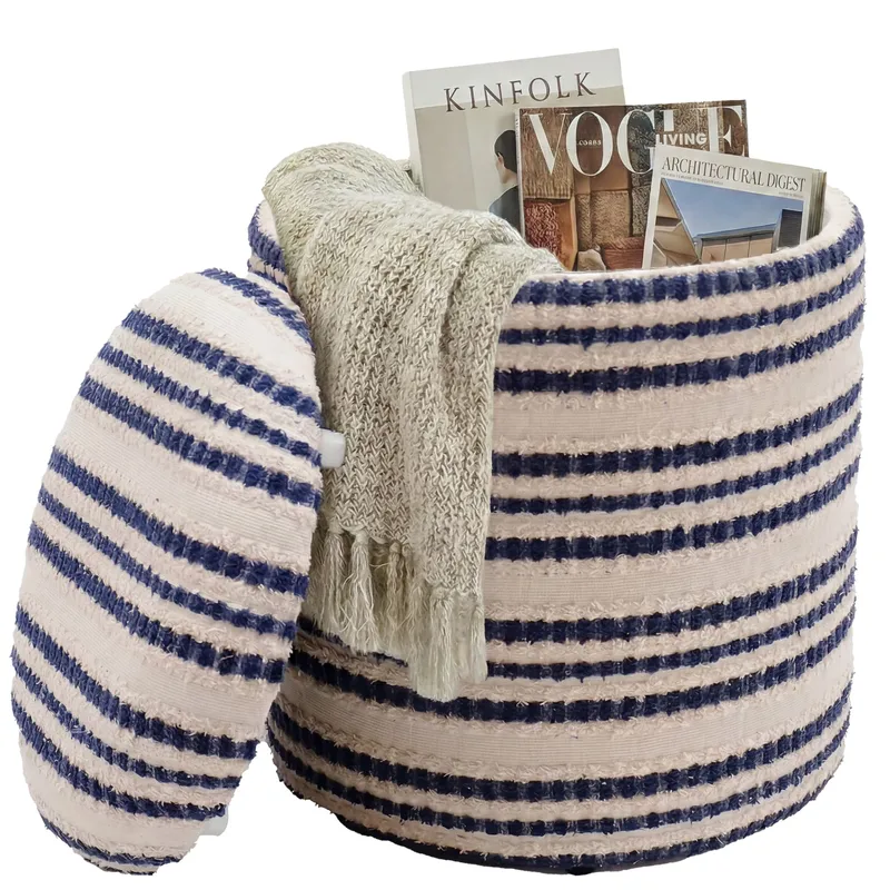 Öster Rund sittpuff med förvaring i bomull, beige, mörkblå