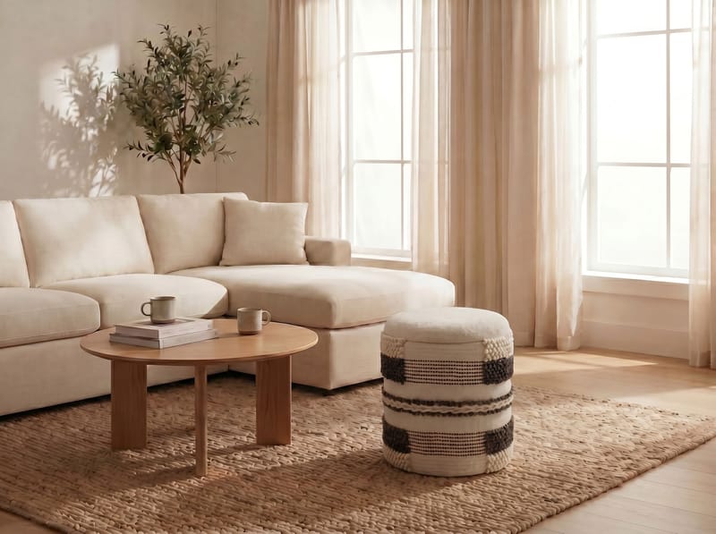 Virek Rund sittpuff med förvaring i ulltyg - beige - Förvaring - Småförvaring - Förvaringskorg