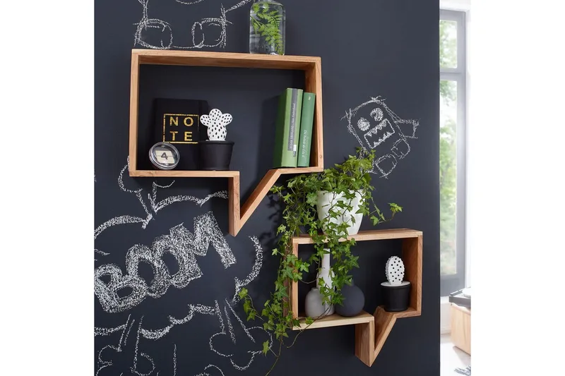Vägghylla Wohnling Set med 2 solid trähyllor i form av pratbubblor, modern loftstil Akacia - Akacia - Förvaring - Småförvaring - Väggförvaring