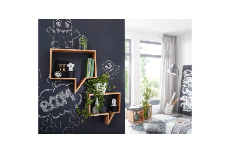 Vägghylla Wohnling Set med 2 solid trähyllor i form av pratbubblor, modern loftstil Akacia - Akacia - Förvaring - Småförvaring - Väggförvaring