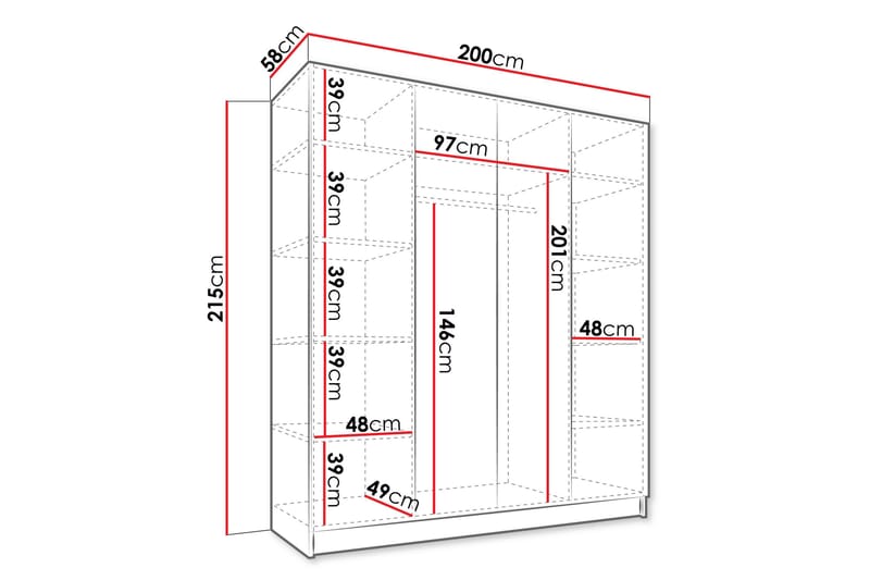 Vadstena Garderob med Spegel 200 cm - Vit/Svart - Förvaring - Garderober & garderobssystem