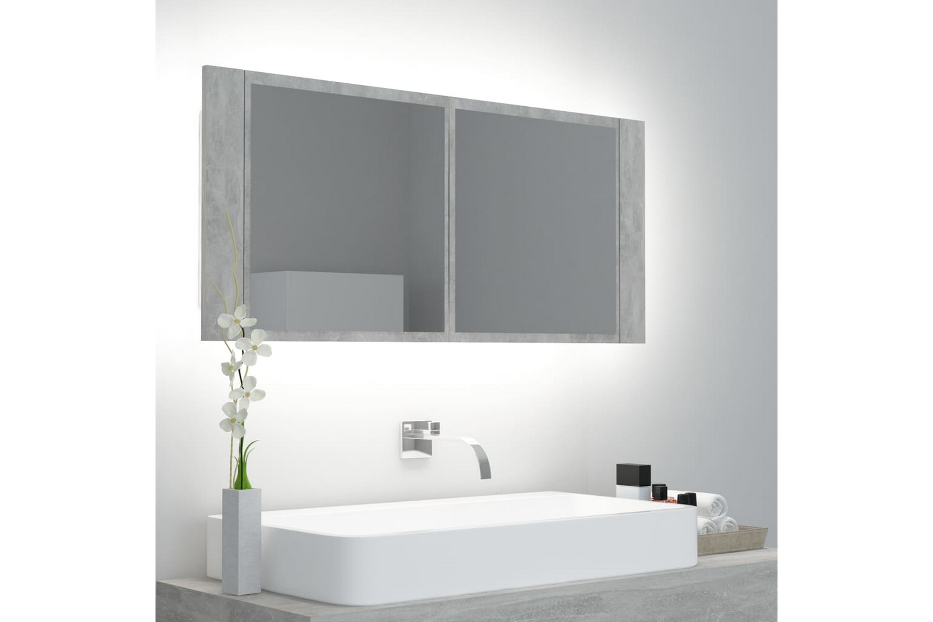 Spegelskåp med LED betonggrå 100x12x45 cm - Grå