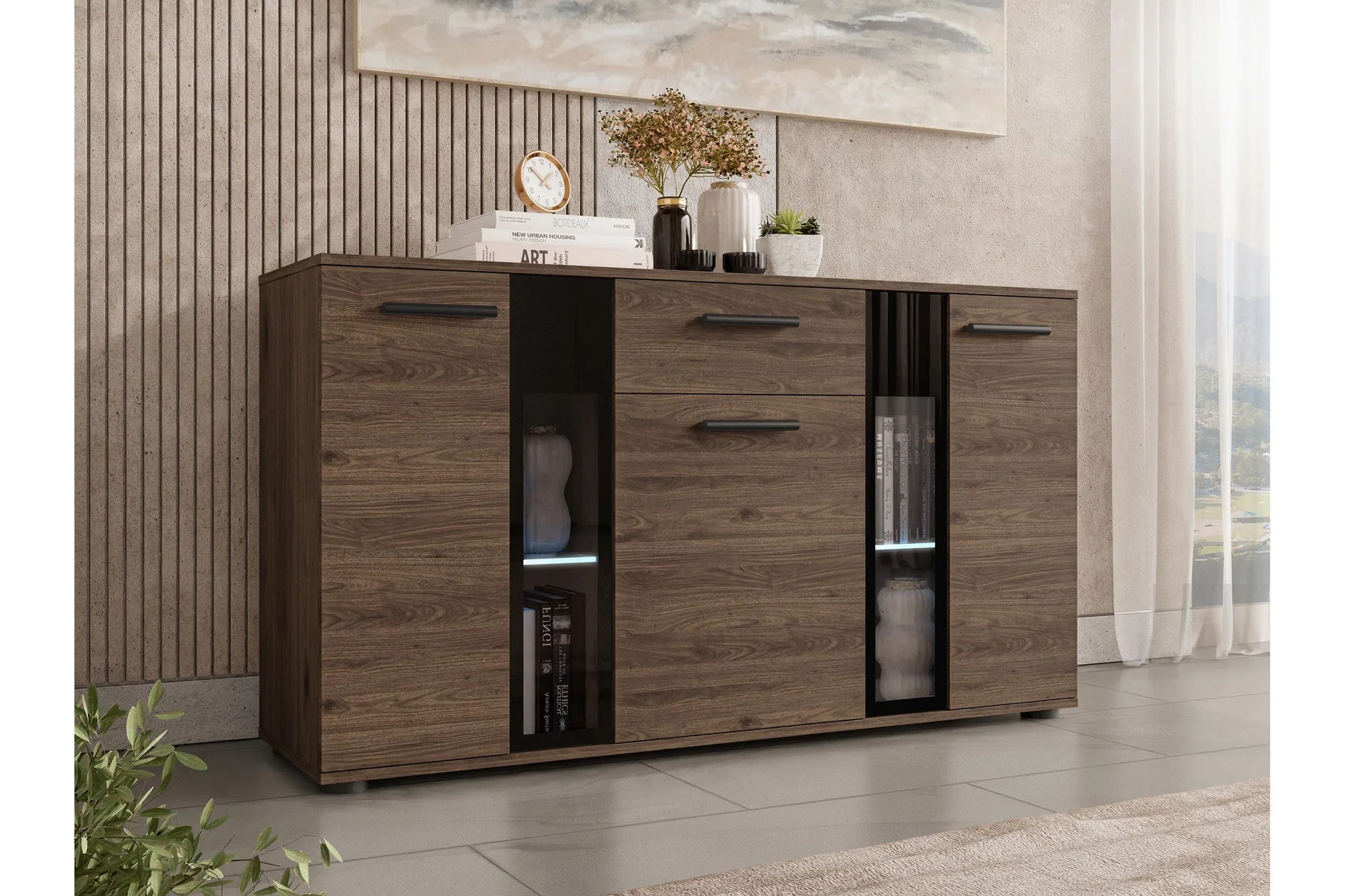 bunta skänk 141x41 cm - svart/vit