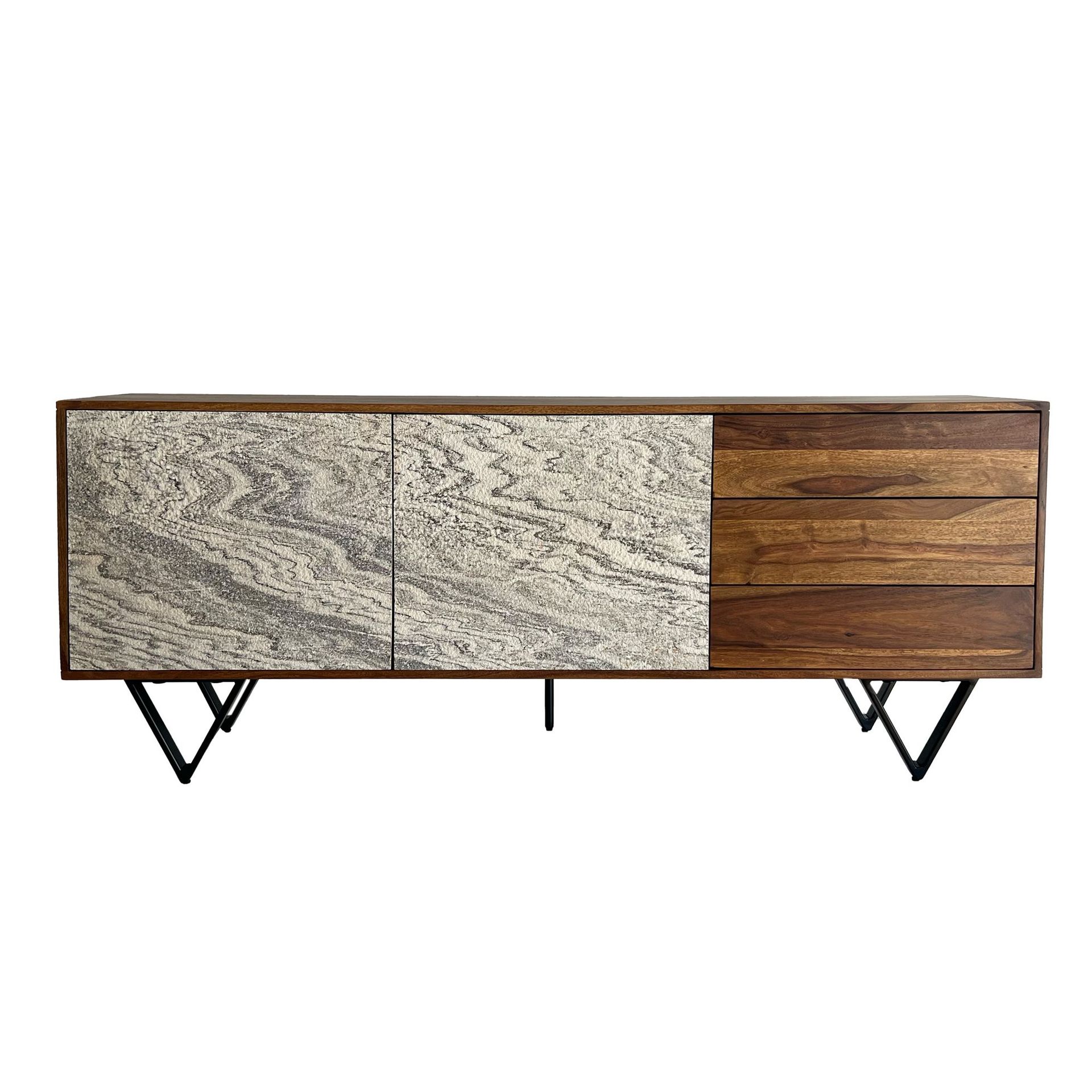 Jesvik Skänk 175x71x40 cm i massivt sheeshamträ med fronter i stenlook - vit och naturligt trä