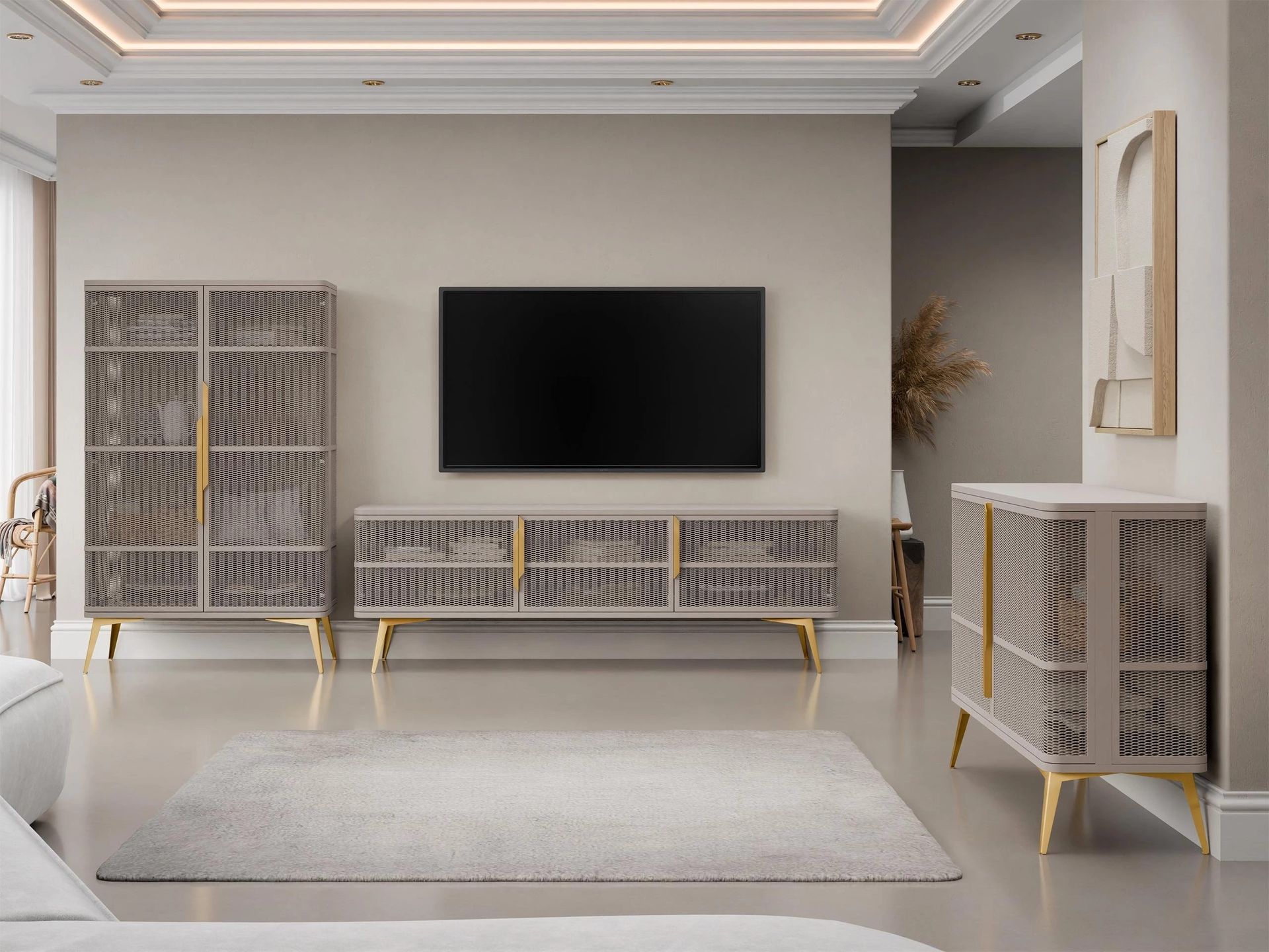 Mireva M&ouml;belset vardagsrum - Tv-b&auml;nk, vitrinsk&aring;p och sk&auml;nk - beige, guld