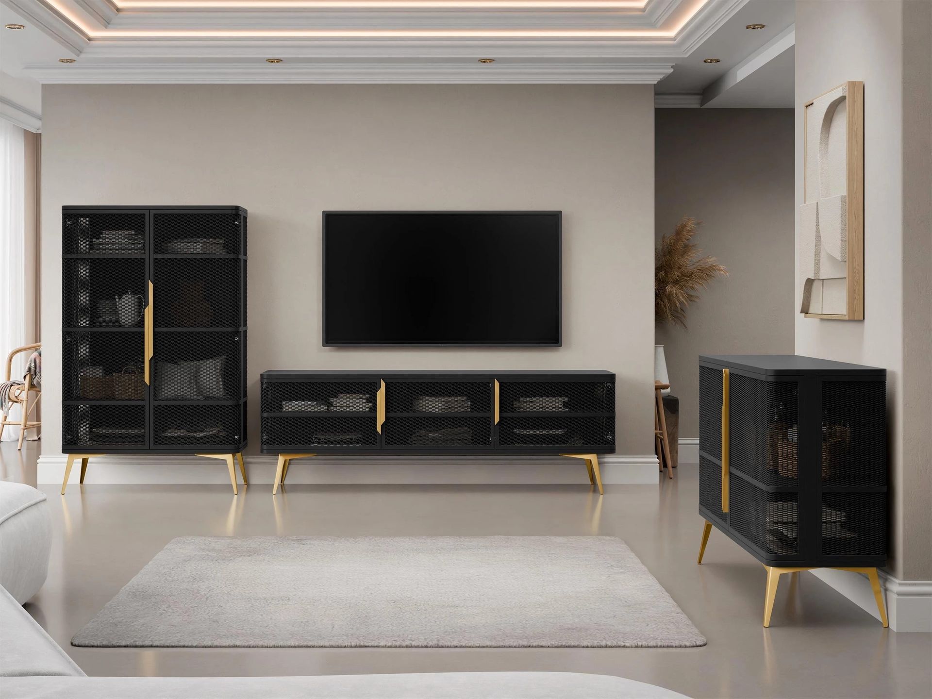 Mireva M&ouml;belset vardagsrum - Tv-b&auml;nk, vitrinsk&aring;p och sk&auml;nk - svart, guld