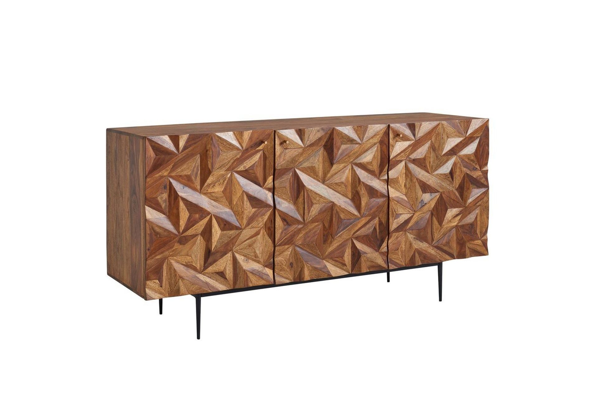Sideboard Wohnling Massivt tr&auml; 3D geometrisk front 144 cm Industriell -