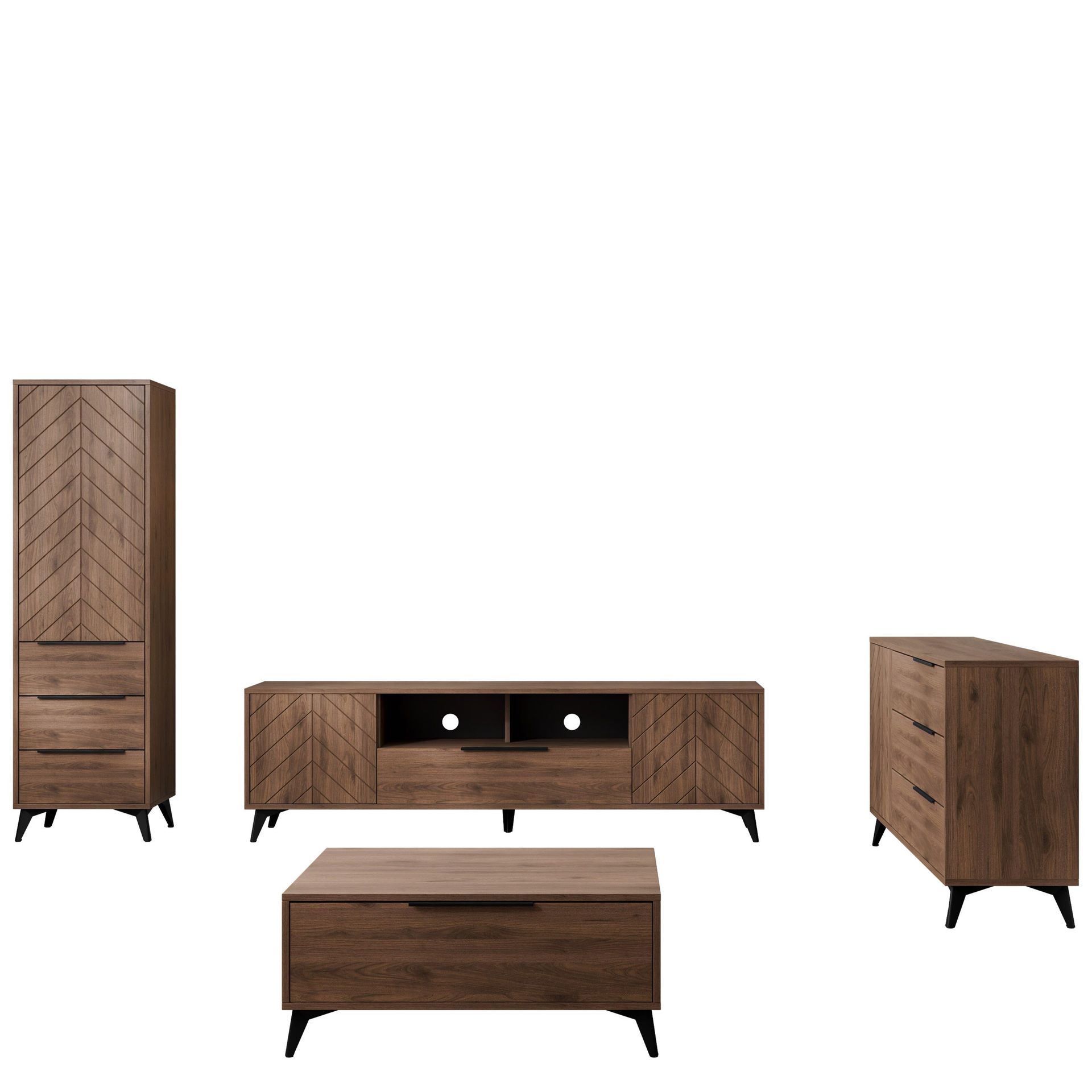 Vemdalen M&ouml;belset vardagsrum - tv-b&auml;nk, bokhylla, sk&auml;nk och soffbord - brun