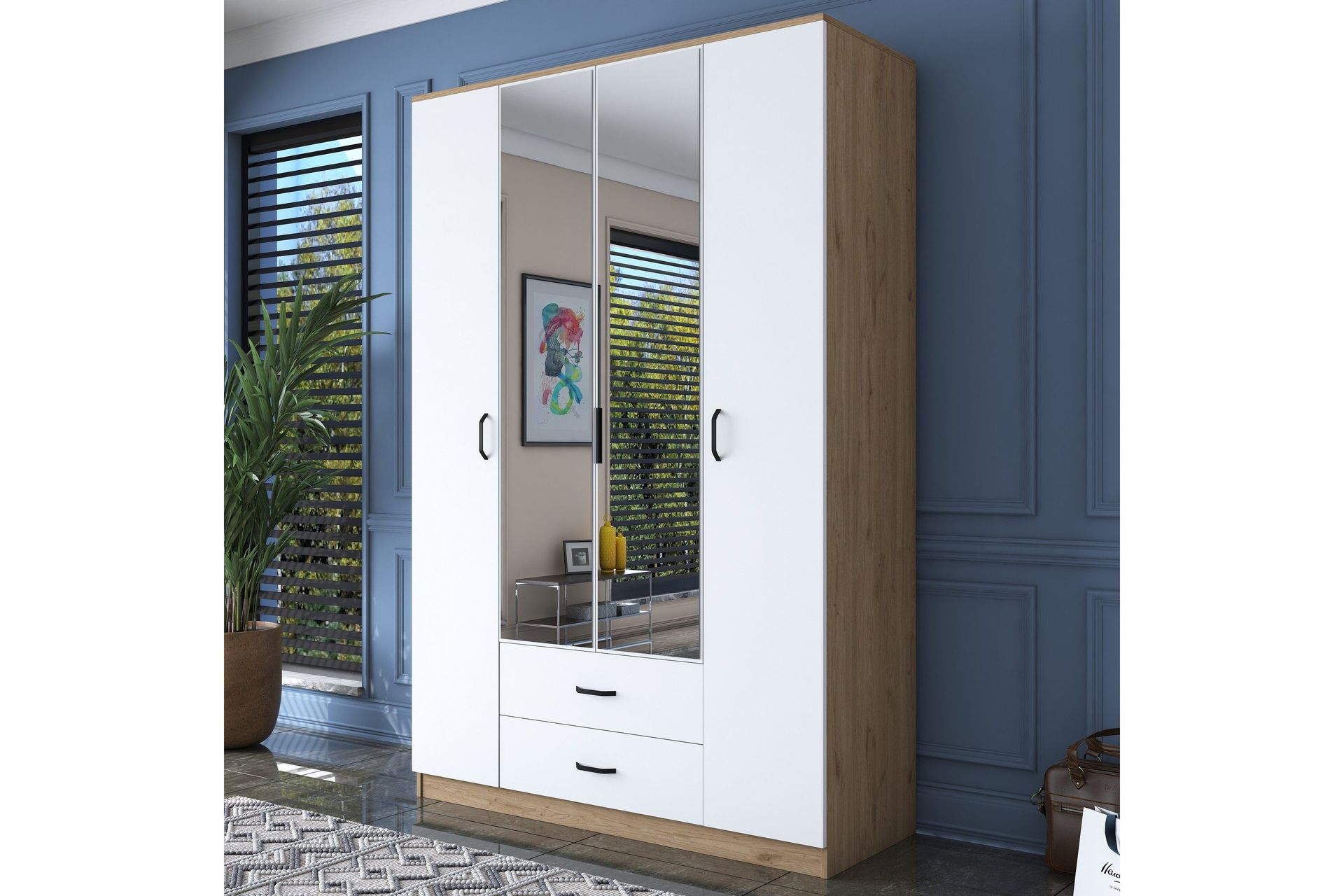 caturai garderob med spegel - valnöt/vit