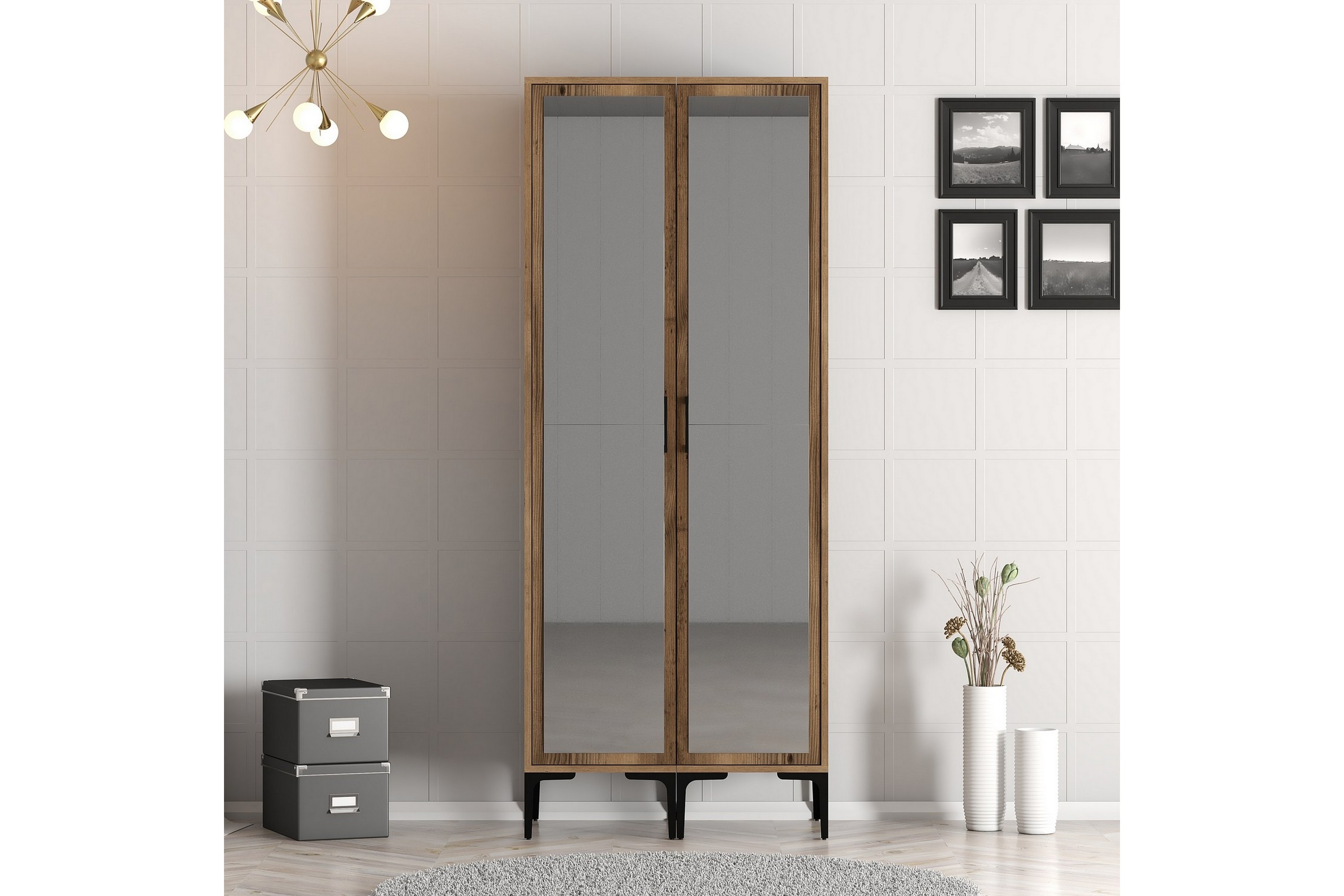 garderob med spegel kumsal - valnöt