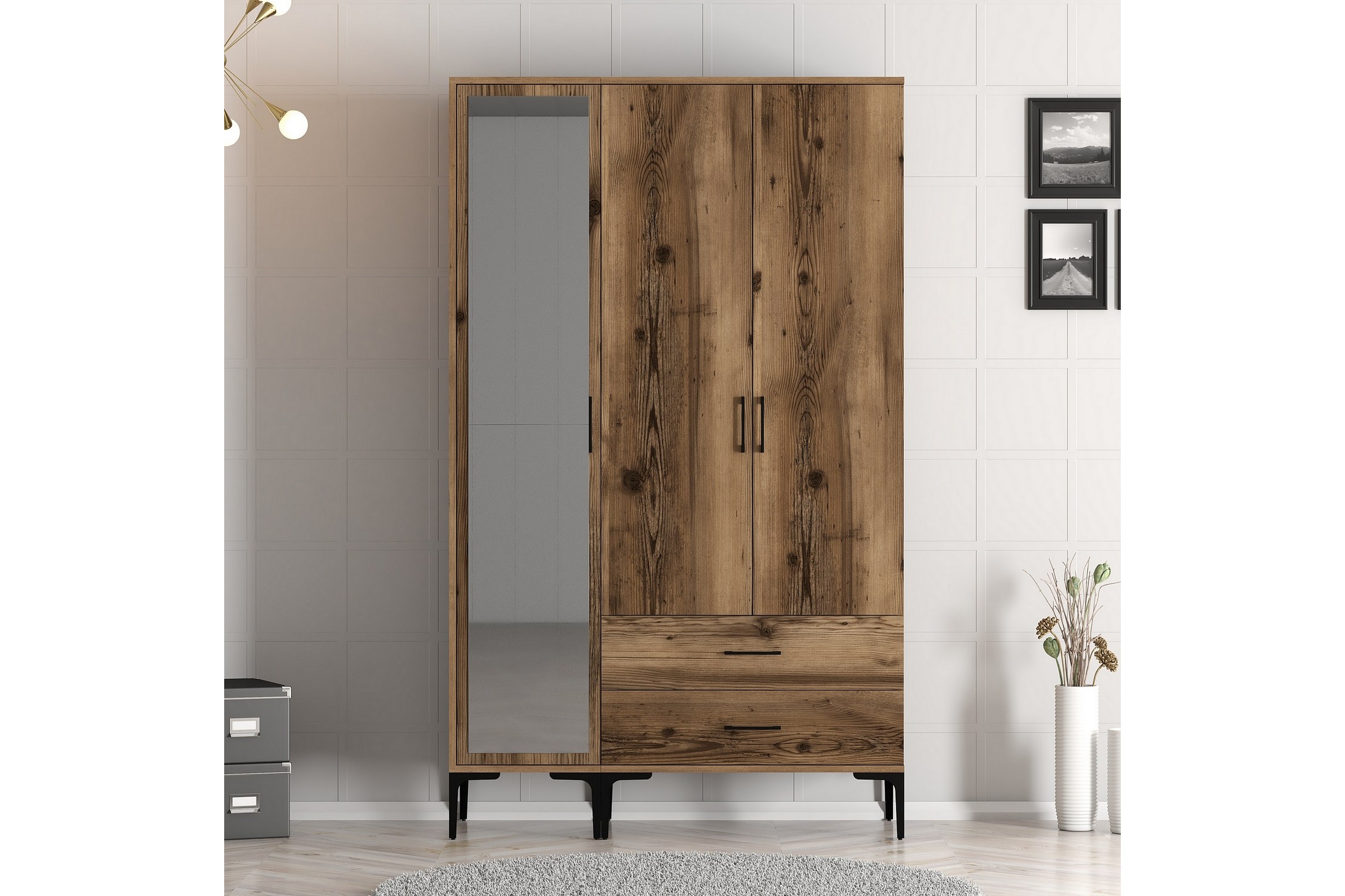 garderob med spegel kumsal - valnöt