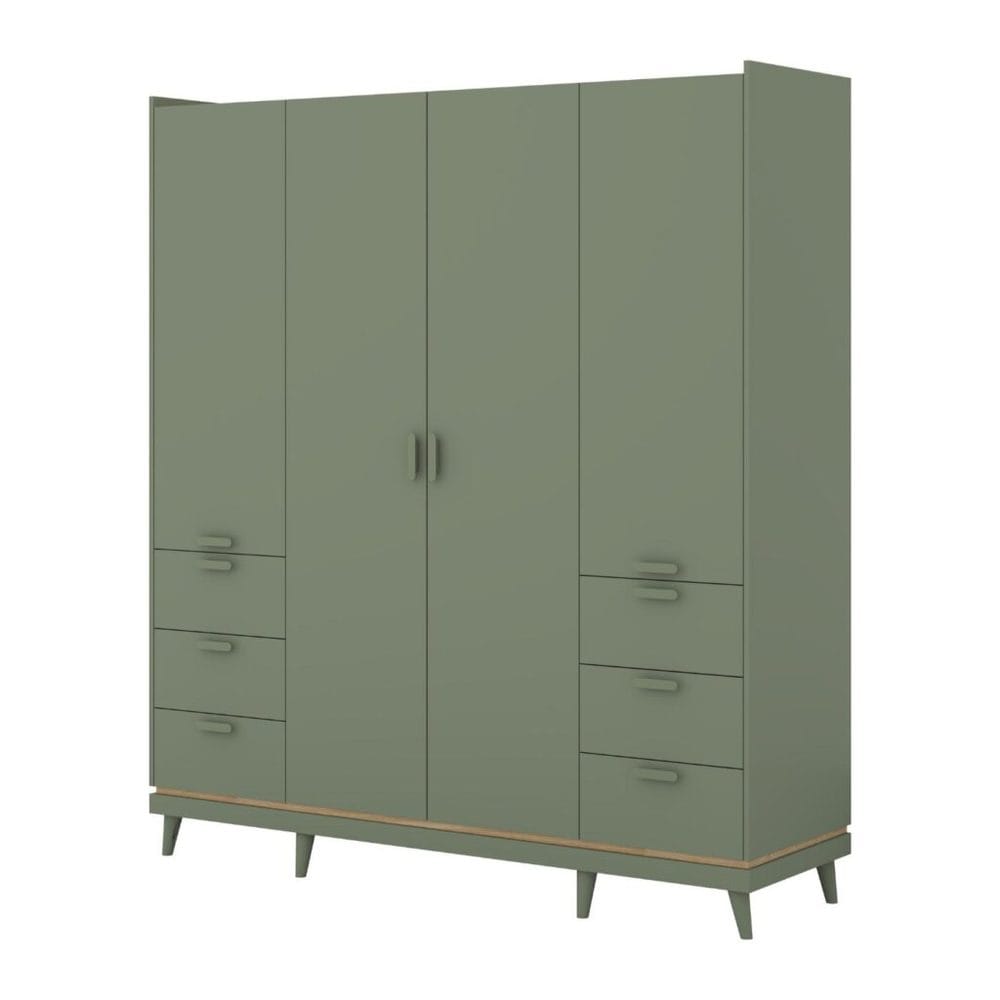 Garderob Skandi 4 D&ouml;rrar med 6 L&aring;dor - D&auml;mpad Gr&ouml;n - Oljad Ek