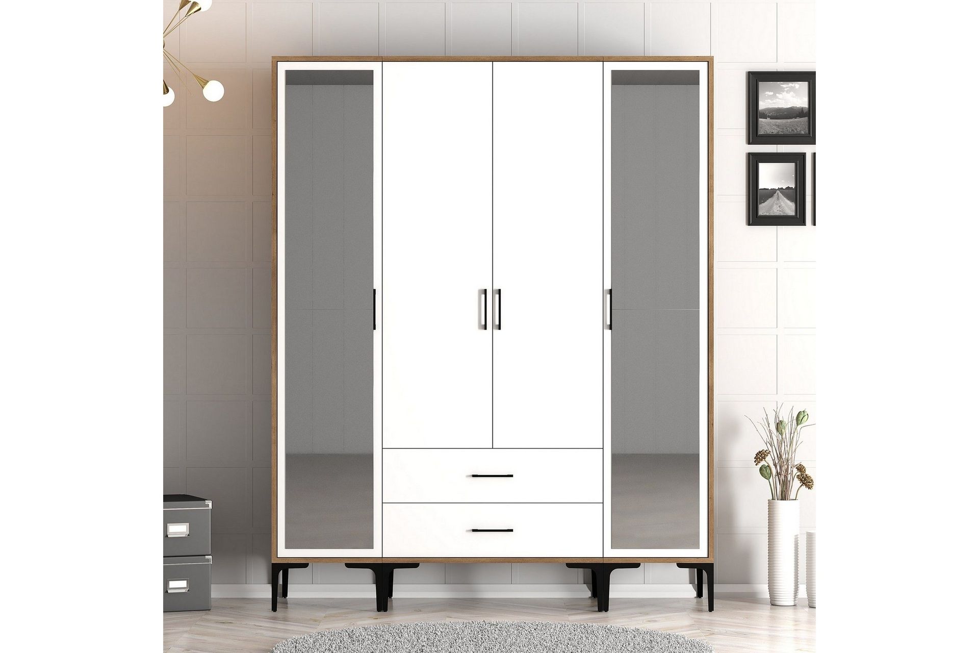 Kumsal Garderob med Spegel - Vit/Brun