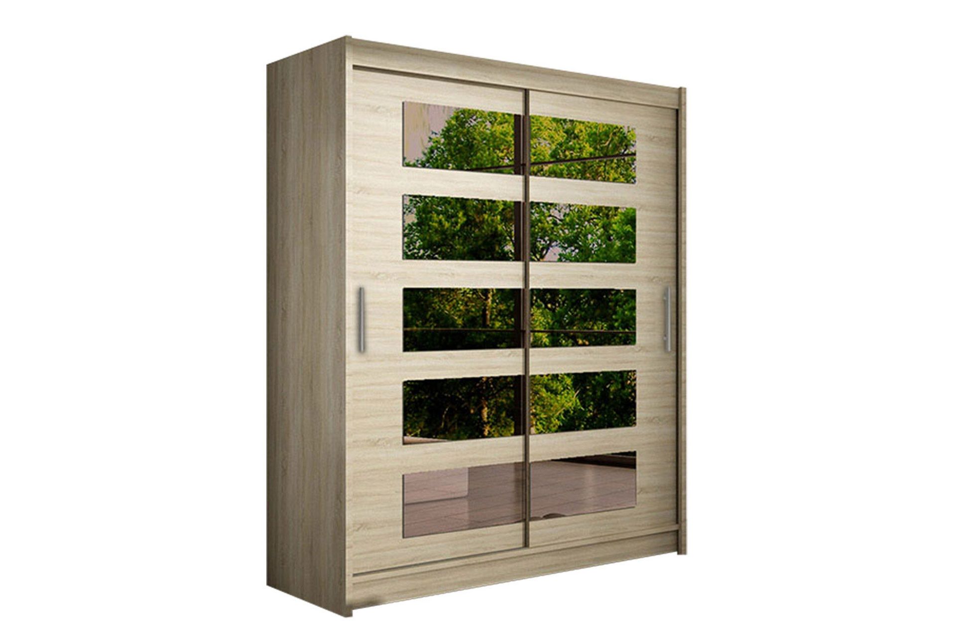 Leila Garderob 150 cm Skjutd&ouml;rrar Delad Spegel - Beige/Tr&auml;/Natur