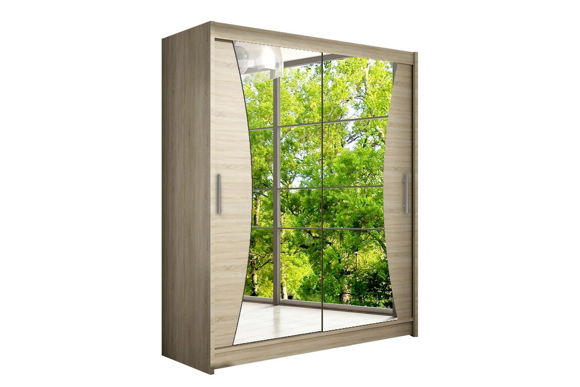 Leila Garderob 150 cm Skjutd&ouml;rrar Sv&auml;ngd Spegel - Ek/Spegel