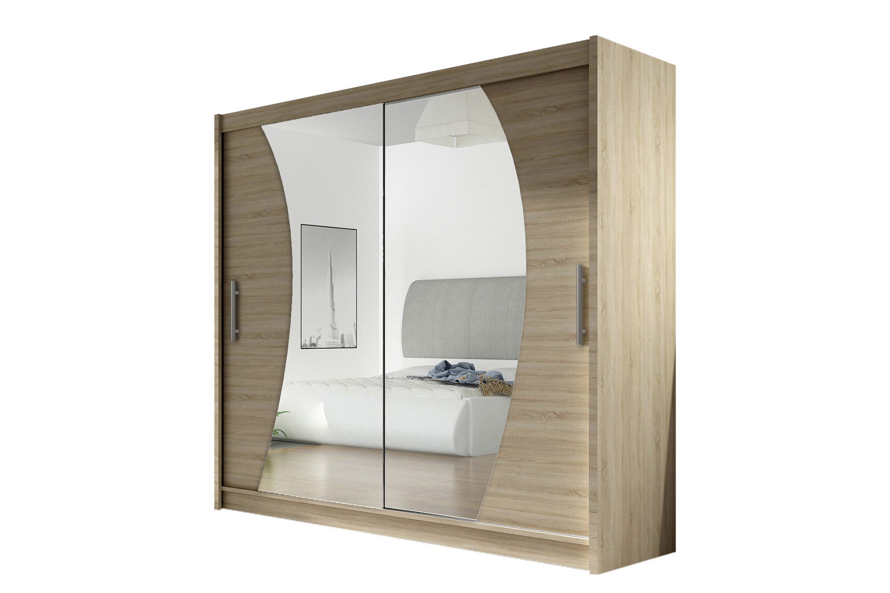 prag garderob skjutdörrar böjd spegel - beige/trä/natur