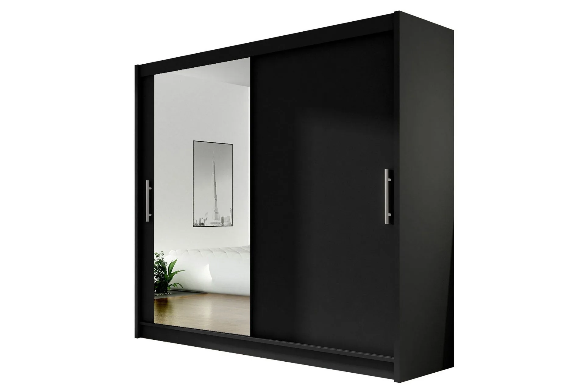 prag stor garderob med skjutdörrar + spegel - svart / silver