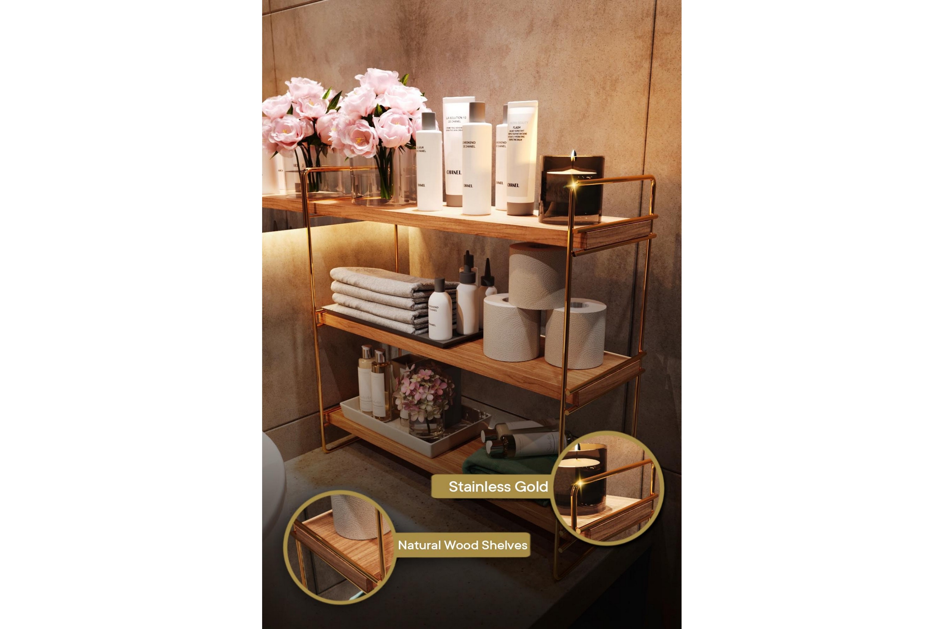 vägghylla naomasa 45 cm - brun/guld