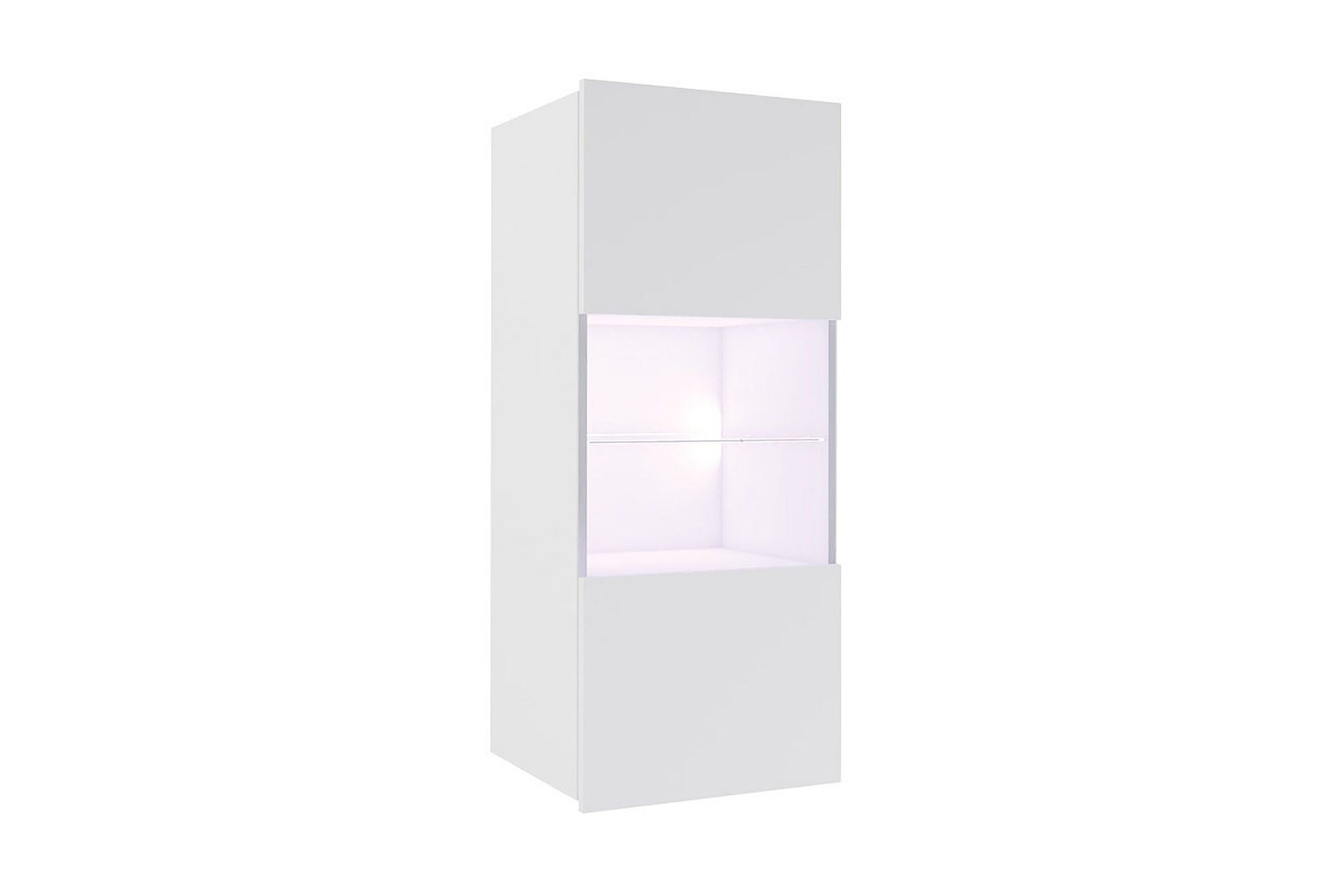 frick vägghängt vitrinskåp blå led belysning 32 cm djup 45 cm bred 117 cm hög ljust trä glas - vit