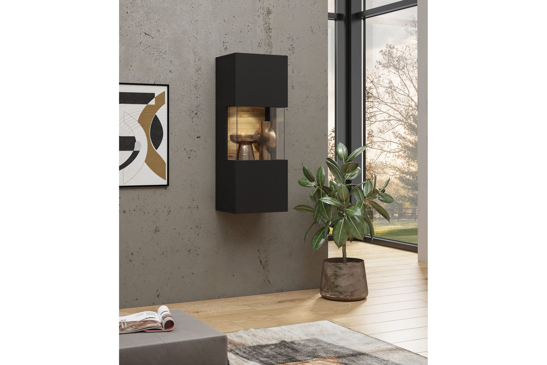 Jestine L&aring;gt V&auml;ggh&auml;ngt alt Frist&aring;ende Vitrinsk&aring;p 30 cm djup 36 cm bred 95 cm h&ouml;g M&ouml;rkt Tr&auml; - Svart