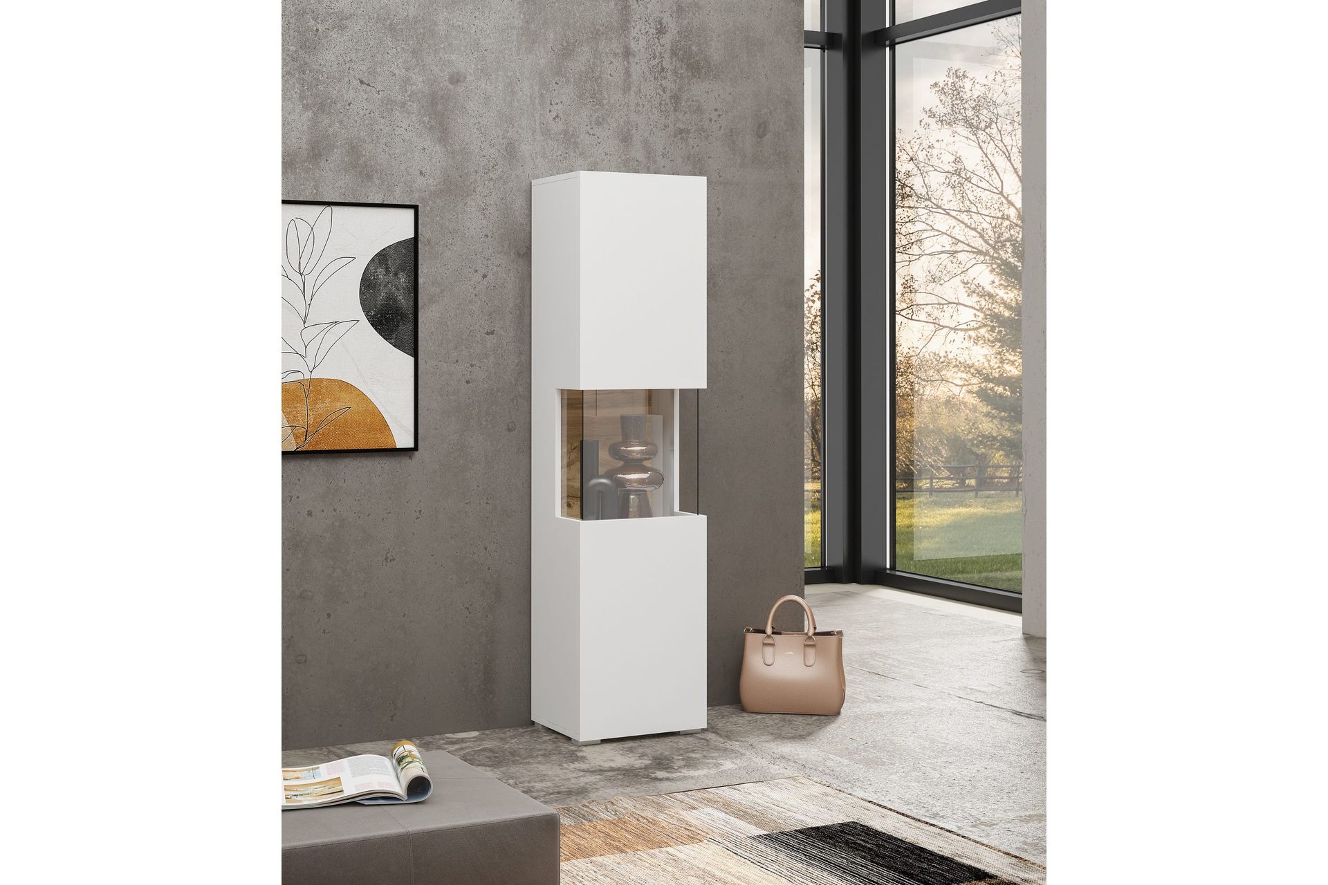 Jestine Smalt V&auml;ggh&auml;ngt alt Frist&aring;ende Vitrinsk&aring;p 30 cm djup 36 cm bred 140 cm h&ouml;g Ljust Tr&auml; - Vit