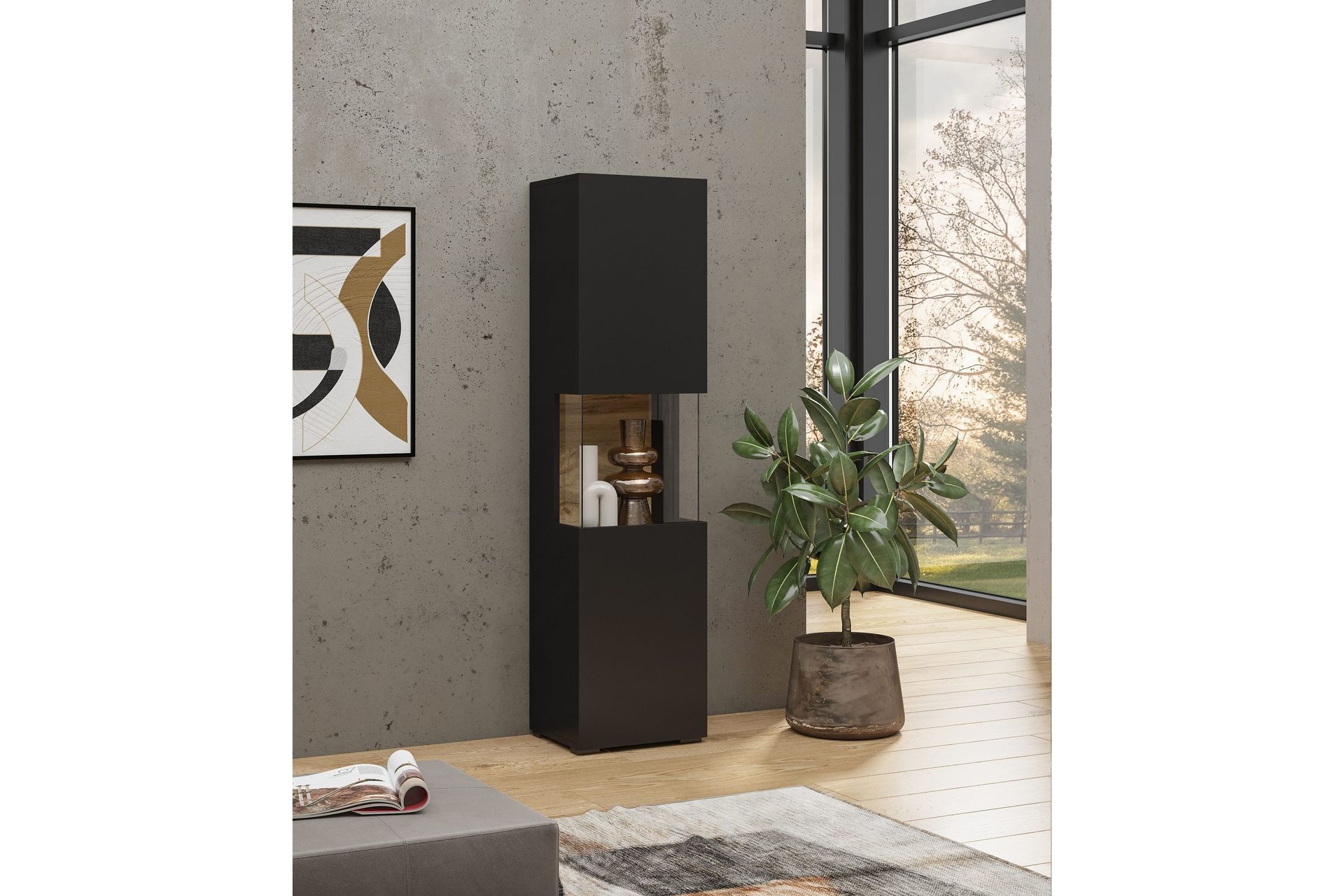 Jestine Smalt V&auml;ggh&auml;ngt alt Frist&aring;ende Vitrinsk&aring;p 30 cm djup 36 cm bred 140 cm h&ouml;g M&ouml;rkt Tr&auml; - Svart