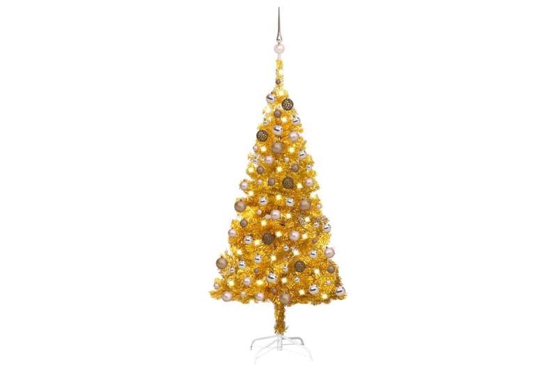 Plastgran med LED och julgranskulor guld 120 cm PET - Plastgran