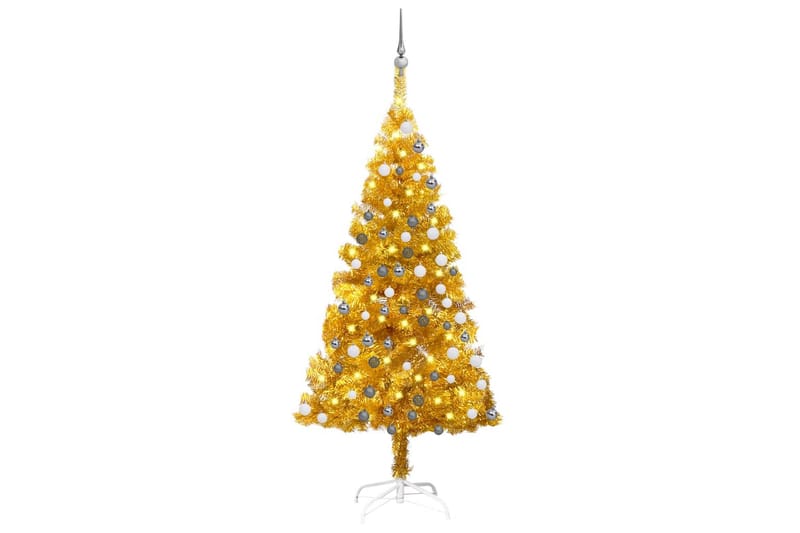 Plastgran med LED och julgranskulor guld 120 cm PET - Plastgran
