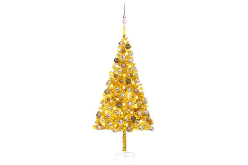 Plastgran med LED och julgranskulor guld 180 cm PET - Plastgran