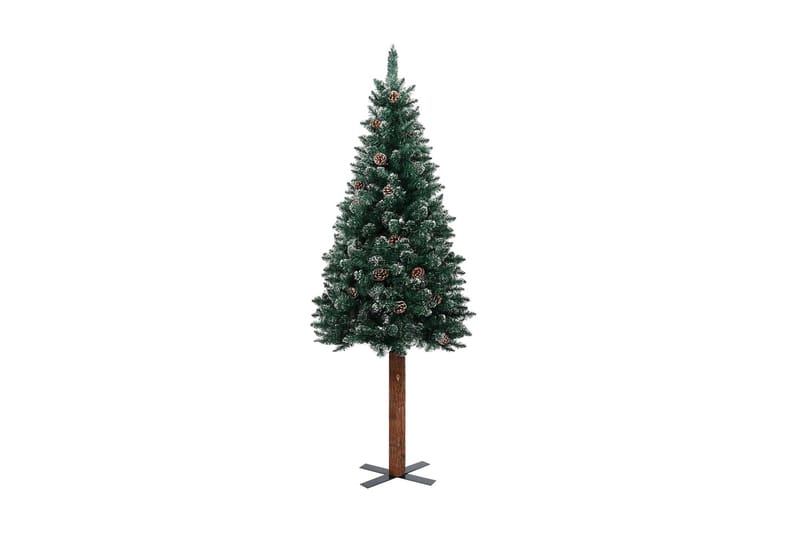 Smal plastgran med äkta trä och kottar vit snö grön 180 cm - Grön - Plastgran