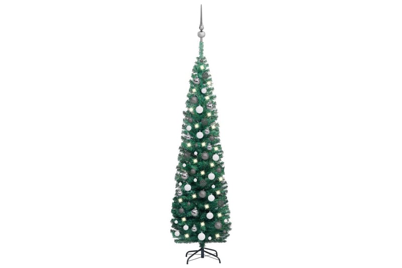 Smal plastgran med LED och julgranskulor grön 180 cm - Plastgran