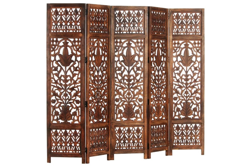Rumsavdelare 5 paneler handsnidad brun 200x165 cm mangoträ - Brun - Rumsavdelare - Skärmvägg