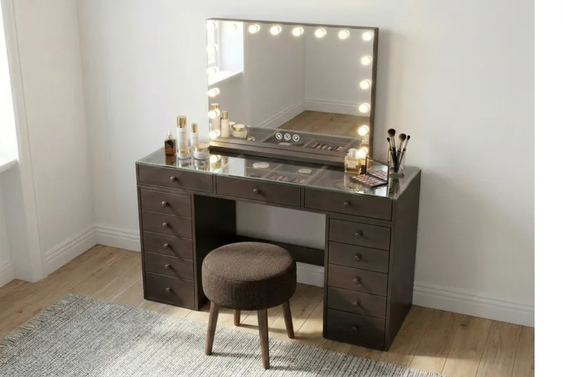 Glow Stor sminkspegel 80 cm med belysning lampor - Hollywood spegel med USB-charging - Brun - Inredning - Spegel - Spegel med belysning