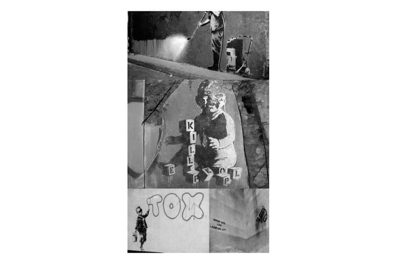 Fototapet Banksy Grey Collage 50x1000 - Artgeist sp. z o. o. - Tapeter vardagsrum - Fototapet - Kökstapeter - Tapeter sovrum & sovrumstapet