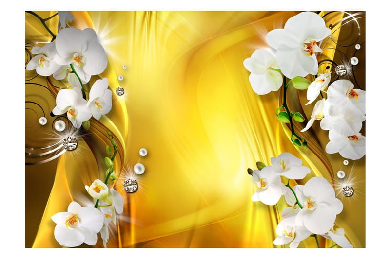 Fototapet Orchid In Gold 100x70 - Artgeist sp. z o. o. - Tapeter vardagsrum - Fototapet - Kökstapeter - Tapeter sovrum & sovrumstapet