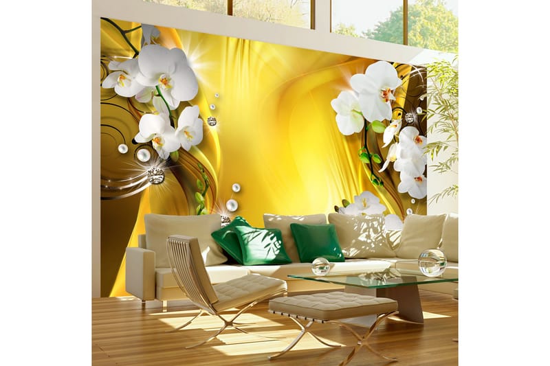 Fototapet Orchid In Gold 100x70 - Artgeist sp. z o. o. - Tapeter vardagsrum - Fototapet - Kökstapeter - Tapeter sovrum & sovrumstapet