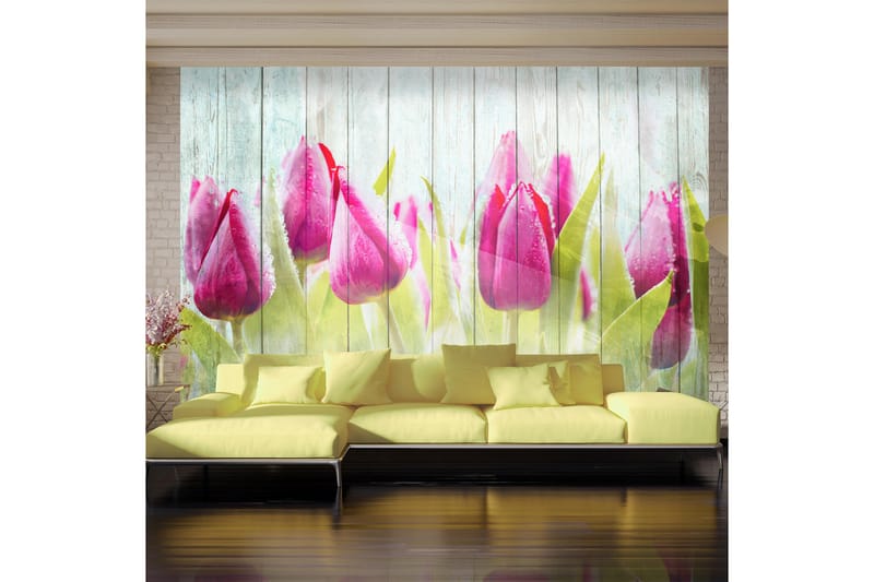 Fototapet Tulips On White Wood 100x70 - Artgeist sp. z o. o. - Tapeter vardagsrum - Fototapet - Kökstapeter - Tapeter sovrum & sovrumstapet