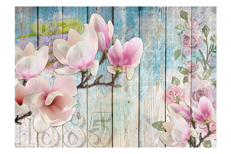 Fototapet Pink Flowers On Wood 300x210 - Artgeist sp. z o. o. - Tapeter vardagsrum - Fototapet - Kökstapeter - Tapeter sovrum & sovrumstapet