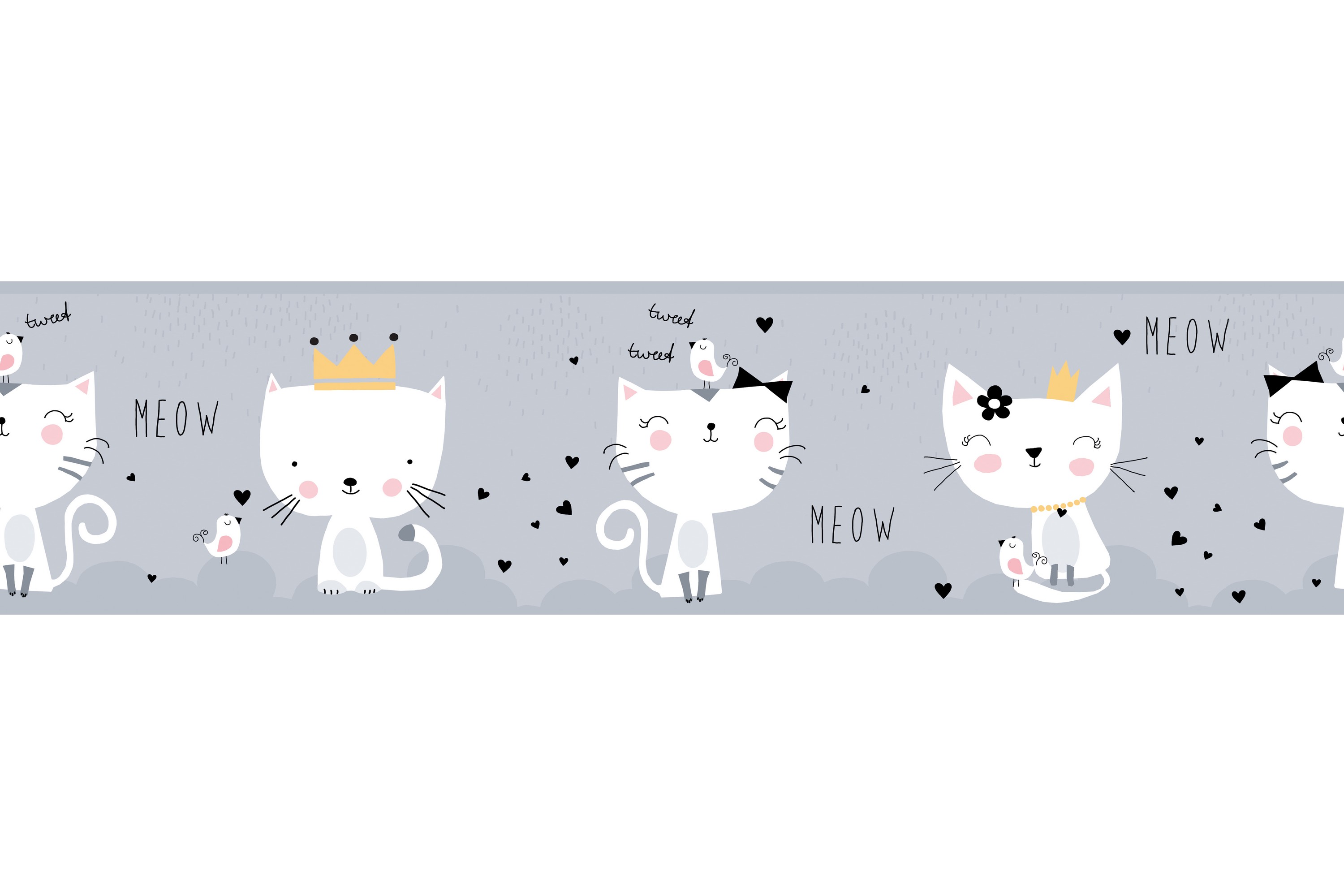 Självhäftande border Meow Cats GråVit Svart AS Creation