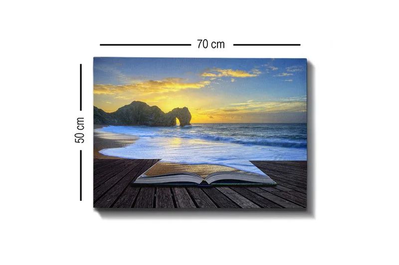 Canvastavla - Öppen bok med en strand och solnedgång i bakgrunden - Blå / Gyllene / Beige - Inredning - Tavlor & posters - Canvastavla