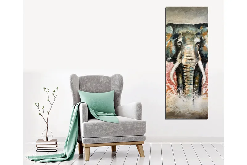 Canvastavla 30x80 cm - Elefant med färgstarka detaljer i bakgrunden - Grön / Orange / Röd - Inredning - Tavlor & posters - Canvastavla